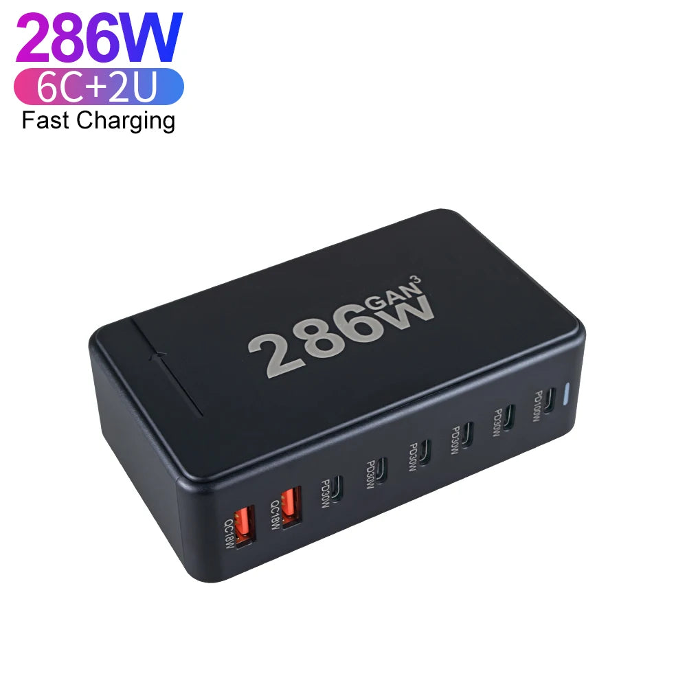 Type C 286W Desktop 6C2A Multi Port GaN Charger 100W USB C Super Fast Charging for Mobile Phone Laptop Portable Charger Adapter Goodie Bag