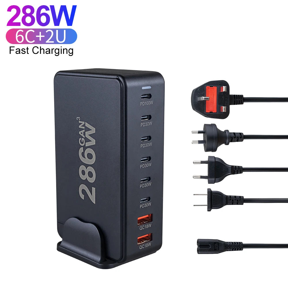Type C 286W Desktop 6C2A Multi Port GaN Charger 100W USB C Super Fast Charging for Mobile Phone Laptop Portable Charger Adapter Goodie Bag