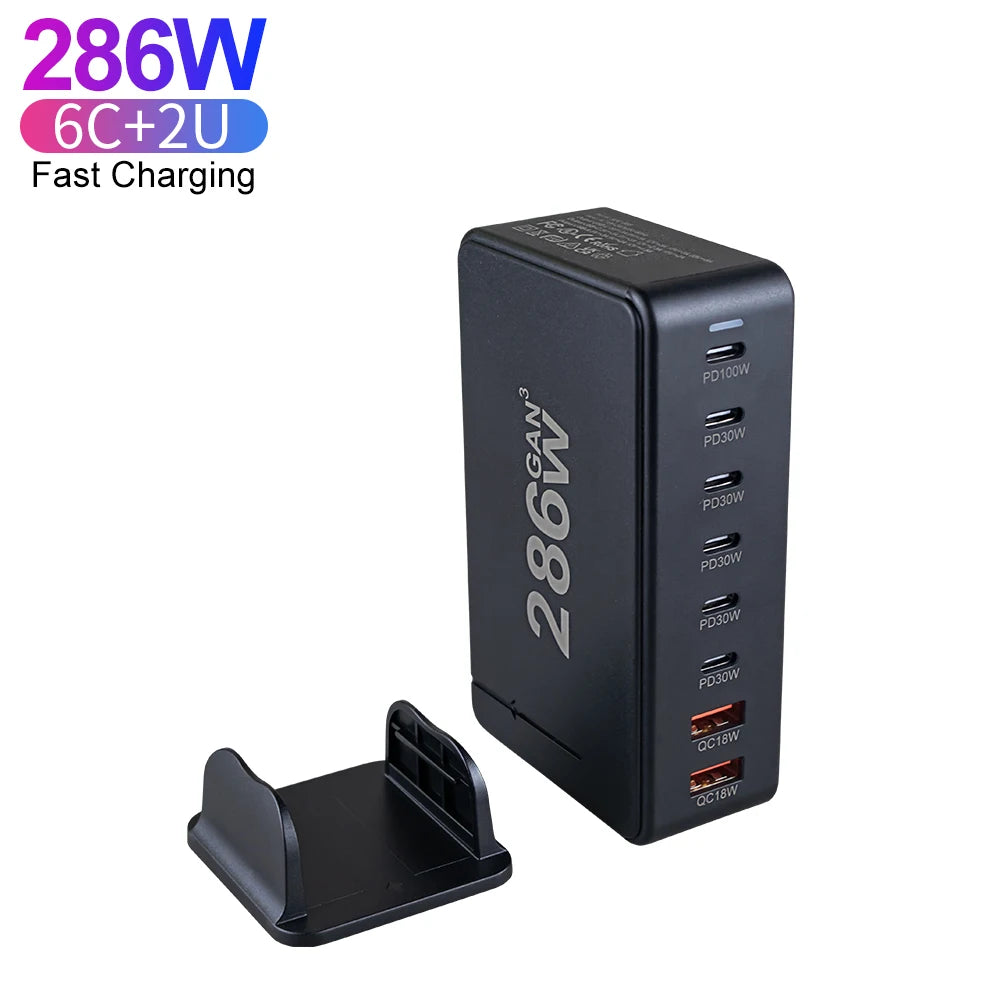 Type C 286W Desktop 6C2A Multi Port GaN Charger 100W USB C Super Fast Charging for Mobile Phone Laptop Portable Charger Adapter Goodie Bag